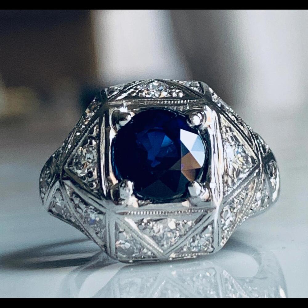 Sapphire Ring Platinum Old Cut Diamond Edwardian Engagement Ring Platinum 1910s - Picture 6 of 9